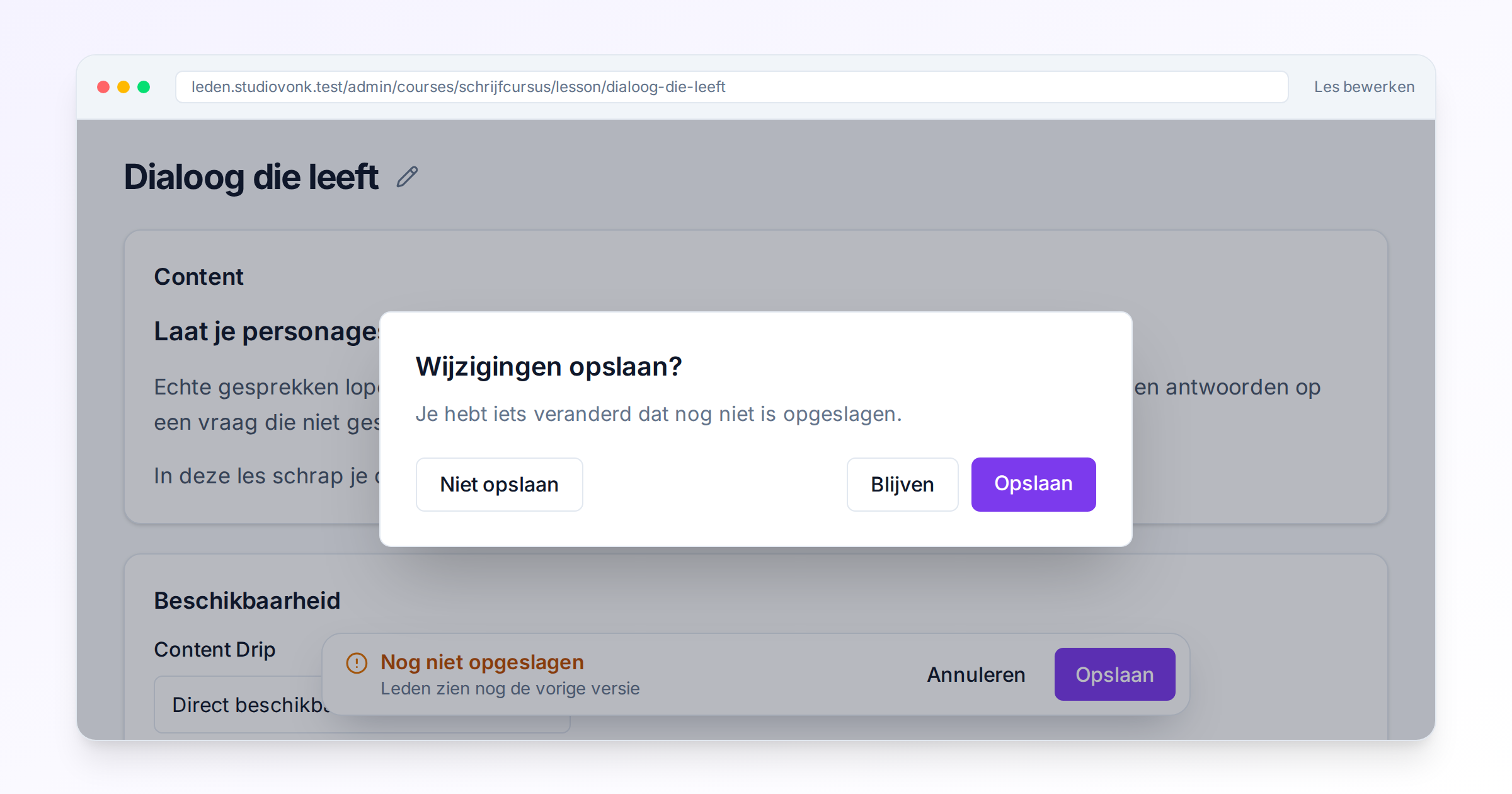 Een les met een wijziging die nog niet is opgeslagen, met de vraag Wijzigingen opslaan? en onderaan de opslaanbalk