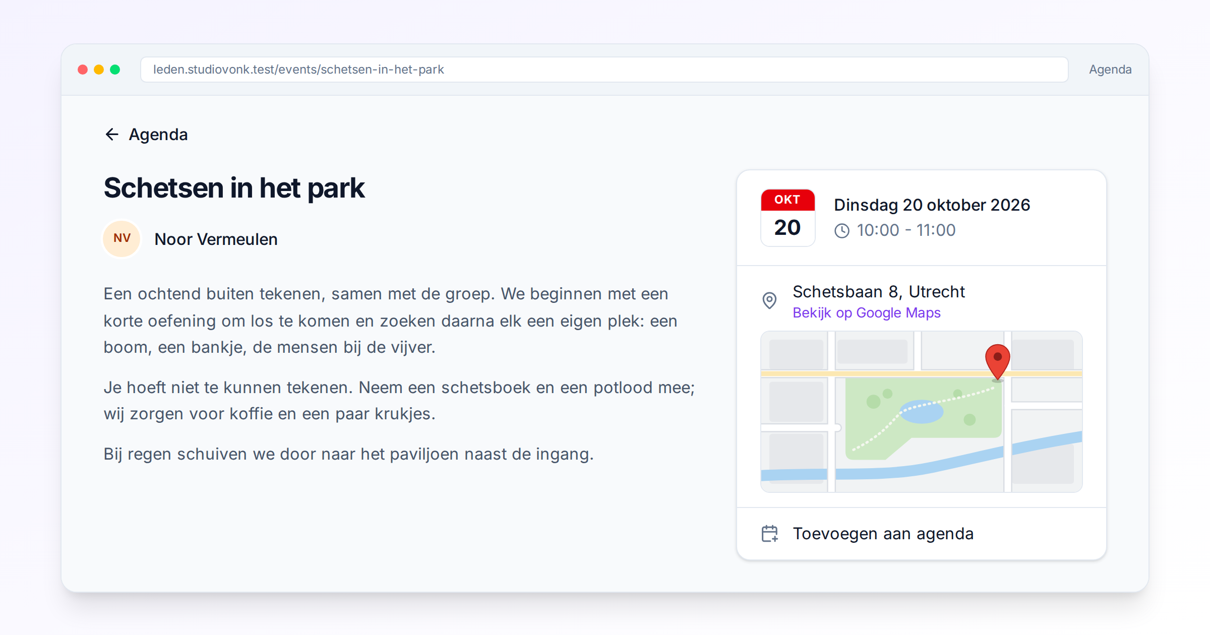 De pagina van een event met rechts de datum, het adres met een link naar Google Maps en een kaartje met een rode speld